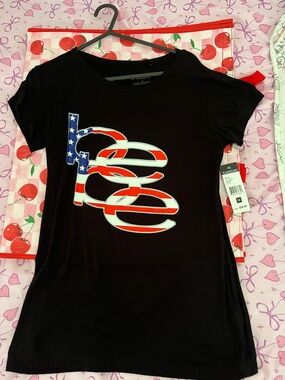 bebe Black Tee with Red & White Flag Graphic